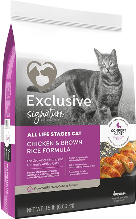    - Purina Pro Plan cat food palatability  Exclusive® Signature All Life Stages Cat Chicken & Brown Rice Formula Cat Food (15 lb)