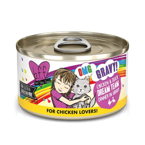    - Outdoor cat food  Weruva B.F.F. OMG GRAVY! Chicken & Duck Dream Team Dinner in Gravy Wet Cat Food (2.8 oz - 12pk)