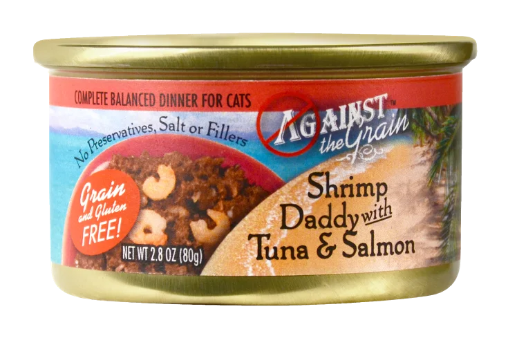    - High-fiber cat food  Against the Grain Shrimp Daddy with Tuna and Salmon Canned Cat Food