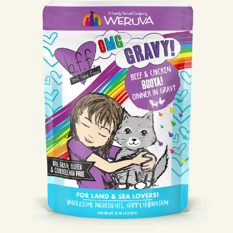    - Fish-based cat food  Weruva BFF Oh My Gravy Booya Grain Free Beef & Chicken in Gravy Cat Food Pouch (2.8-oz, single)