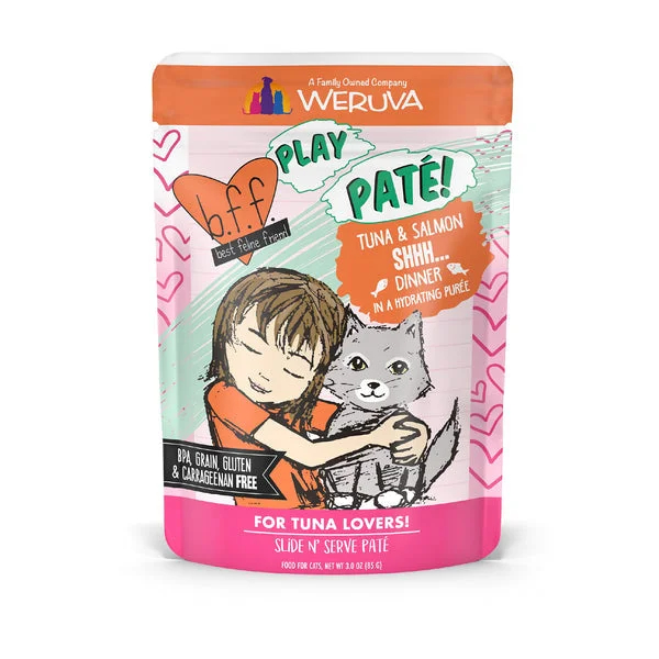    - Cat food for spayed/neutered cats  Weruva B.F.F. PLAY PATÉ! Tuna & Salmon Shhh... Dinner in a Hydrating Purée Cat Food (3.0 Oz - 12pk)